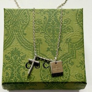 Gucci Sterling Silver Cross & Logo Tag Pendant Necklace - Box Included